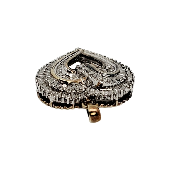 Vintage 1ct Diamond Heart Cluster Pendant Sterling Silver 925 Gold Inlay - Picture 5 of 8